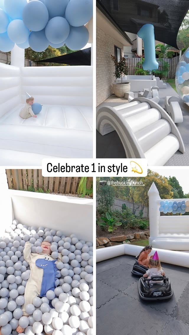 First birthday celebration with white soft play, bumper cars and a bounce house